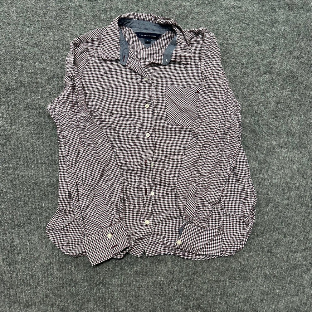 Tommy Hilfiger Button Down Womens Size M Burgundy Houndstooth Cotton Long Sleeve